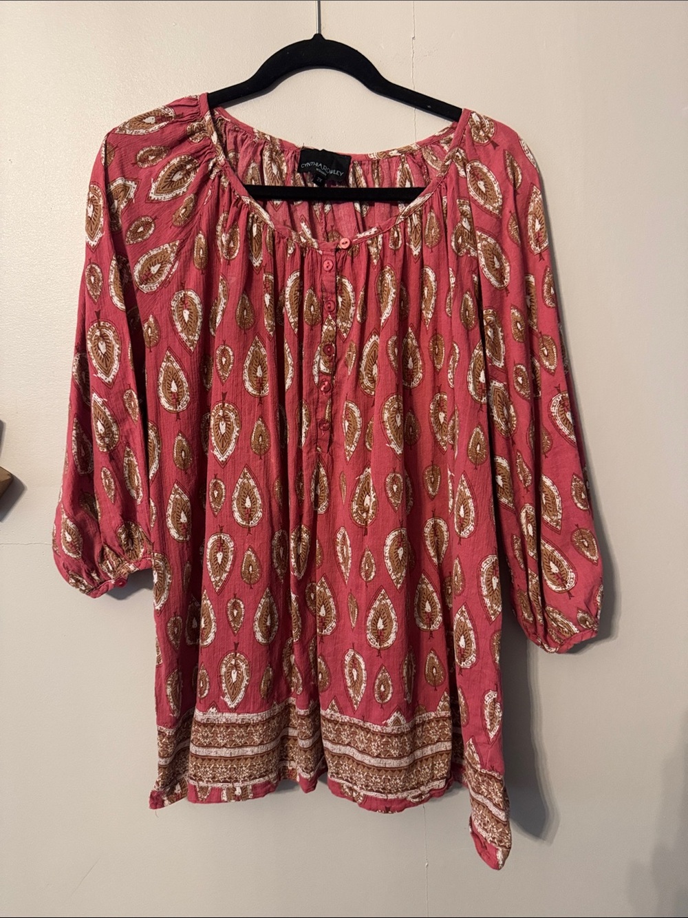Cynthia Rowley Pink Paisley-Print Peasant Tunic 3/4 length sleeve size 2x